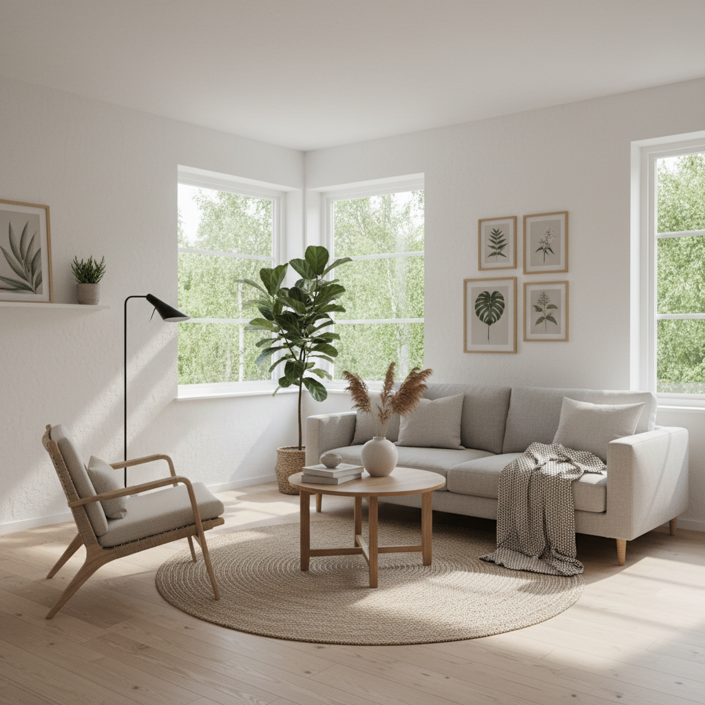 A beautiful Scandinavian living room with minimalistic furniture, natural light, and plants
