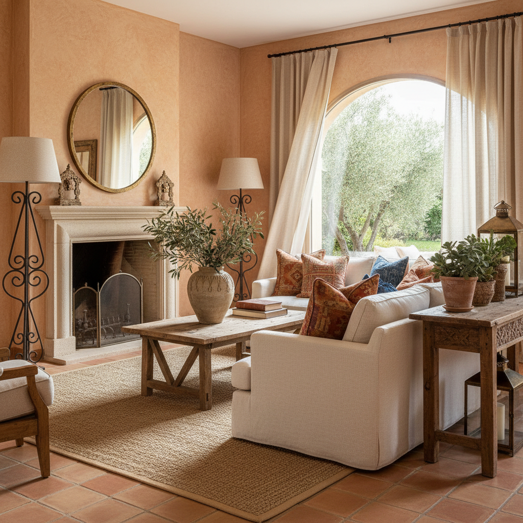 Example of a beautifully staged Mediterranean living room with warm colors and natural textures.