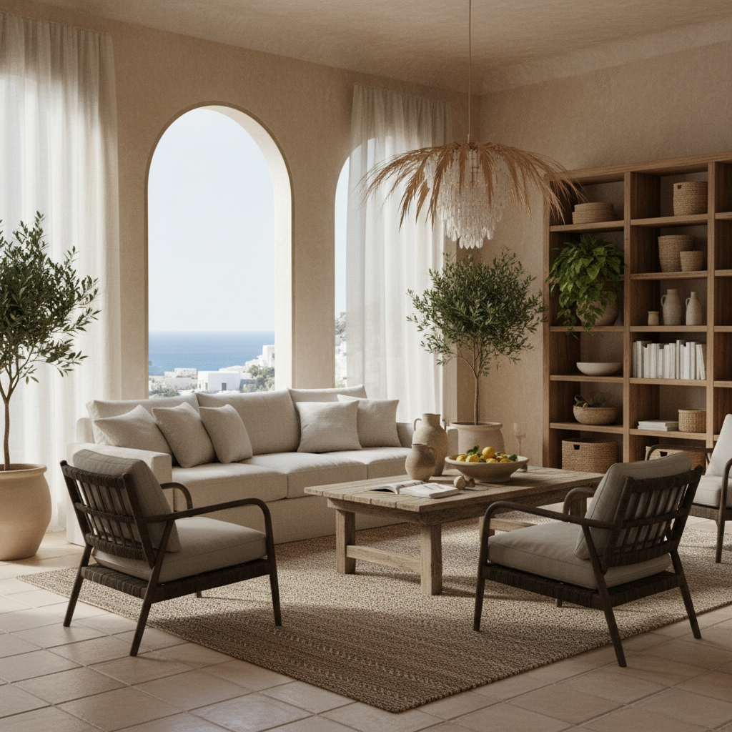Furniture selection highlighting natural materials used in Mediterranean design.