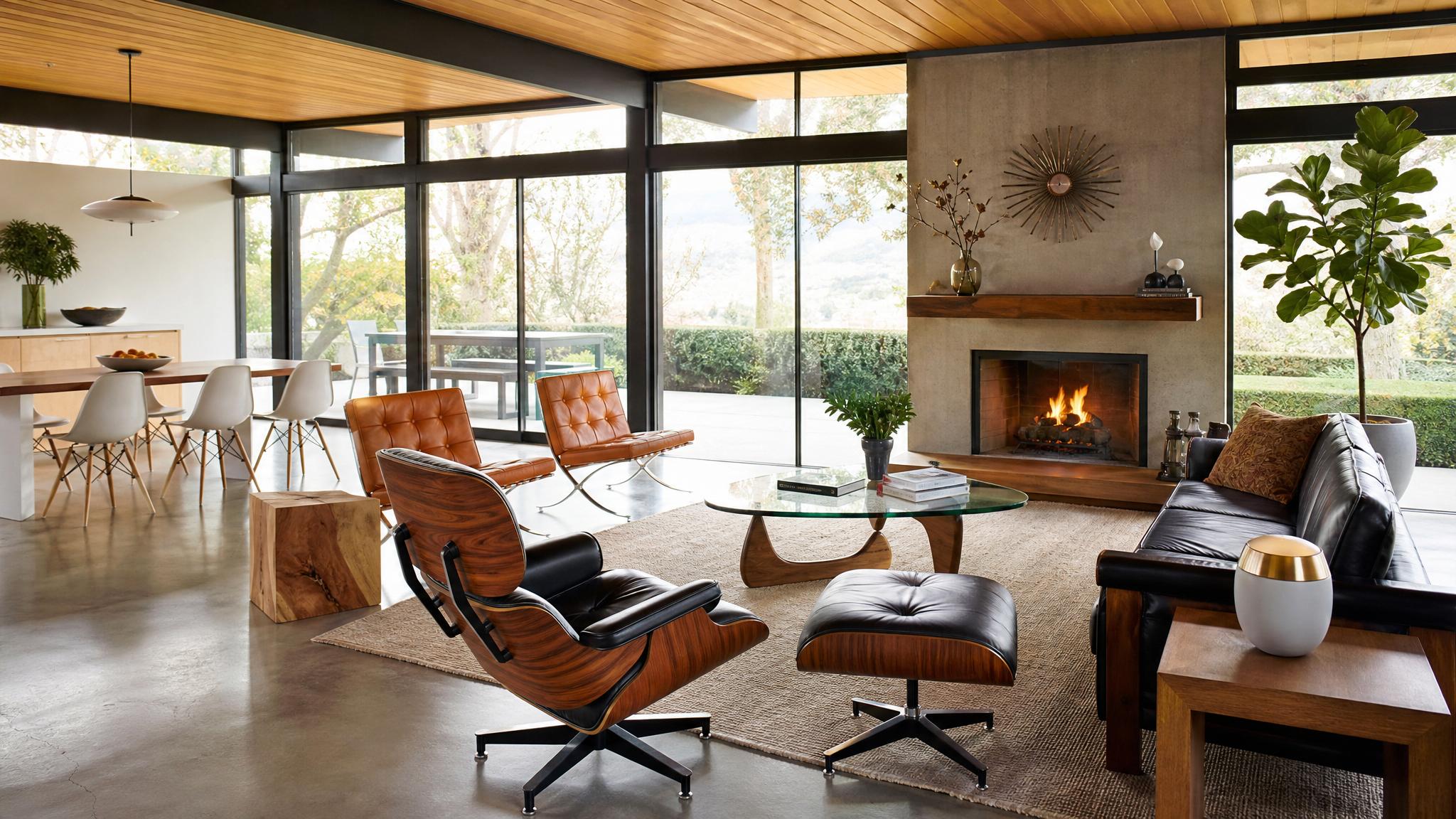 Image of a mid-century modern open-plan living room featuring iconic furniture and a bright interior