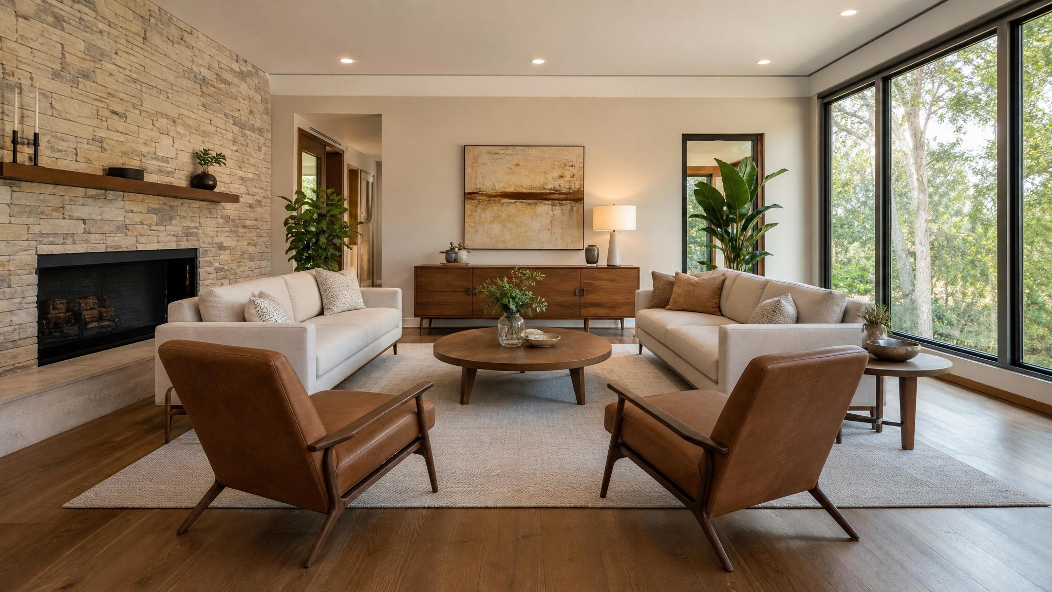 Rendering of a classic central seating plan in a mid-century modern style