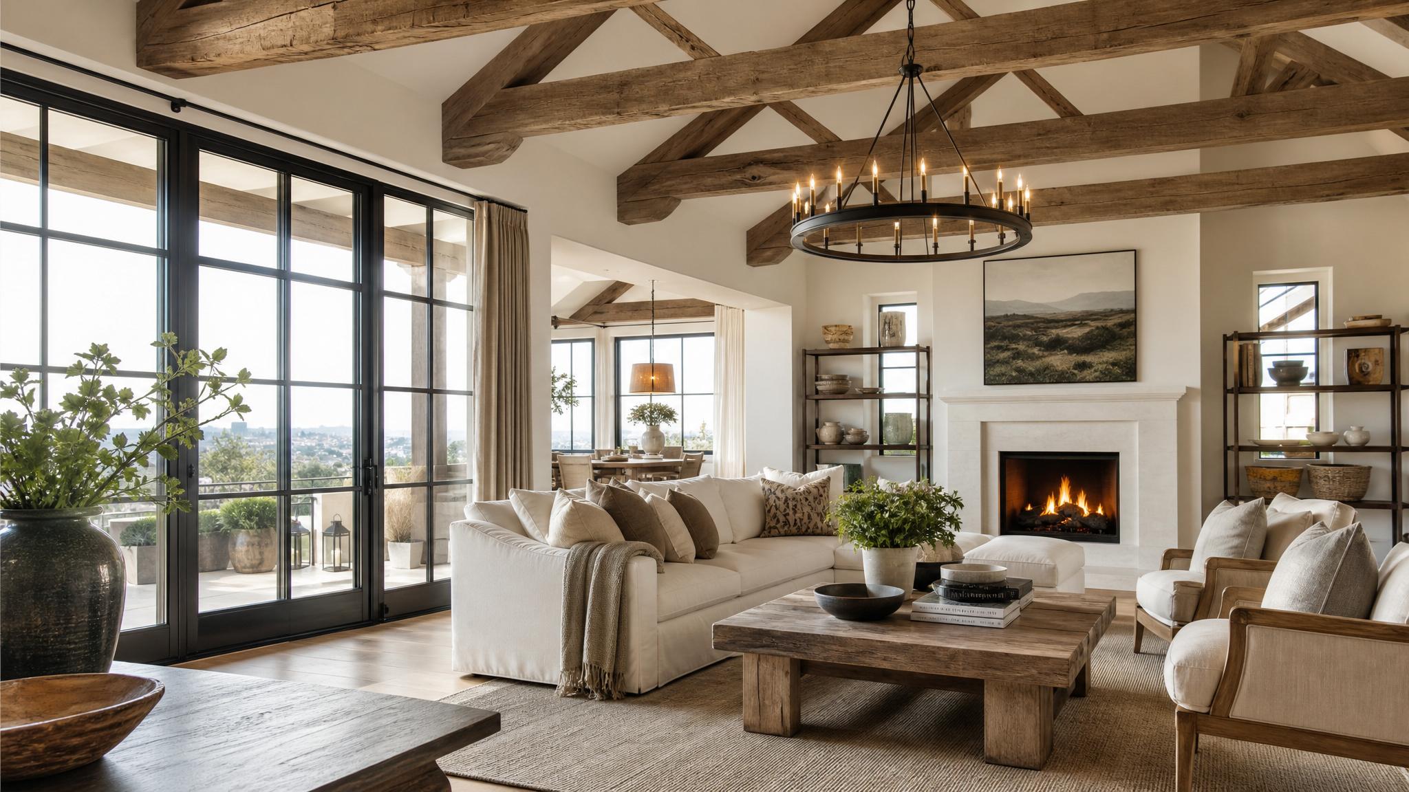 A stunning penthouse living room with farmhouse elements: high ceilings, wooden beams, and elegant furnishings.