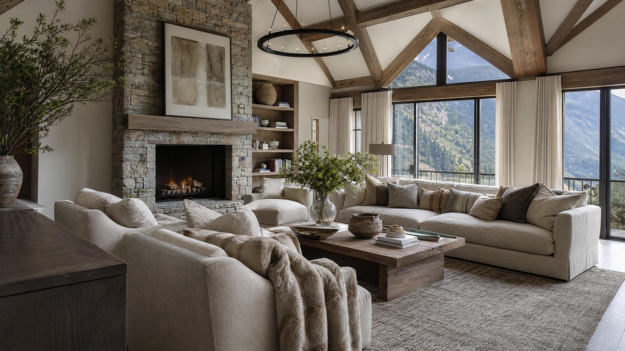 Cozy textiles and oversized furniture in a farmhouse-style penthouse living room.