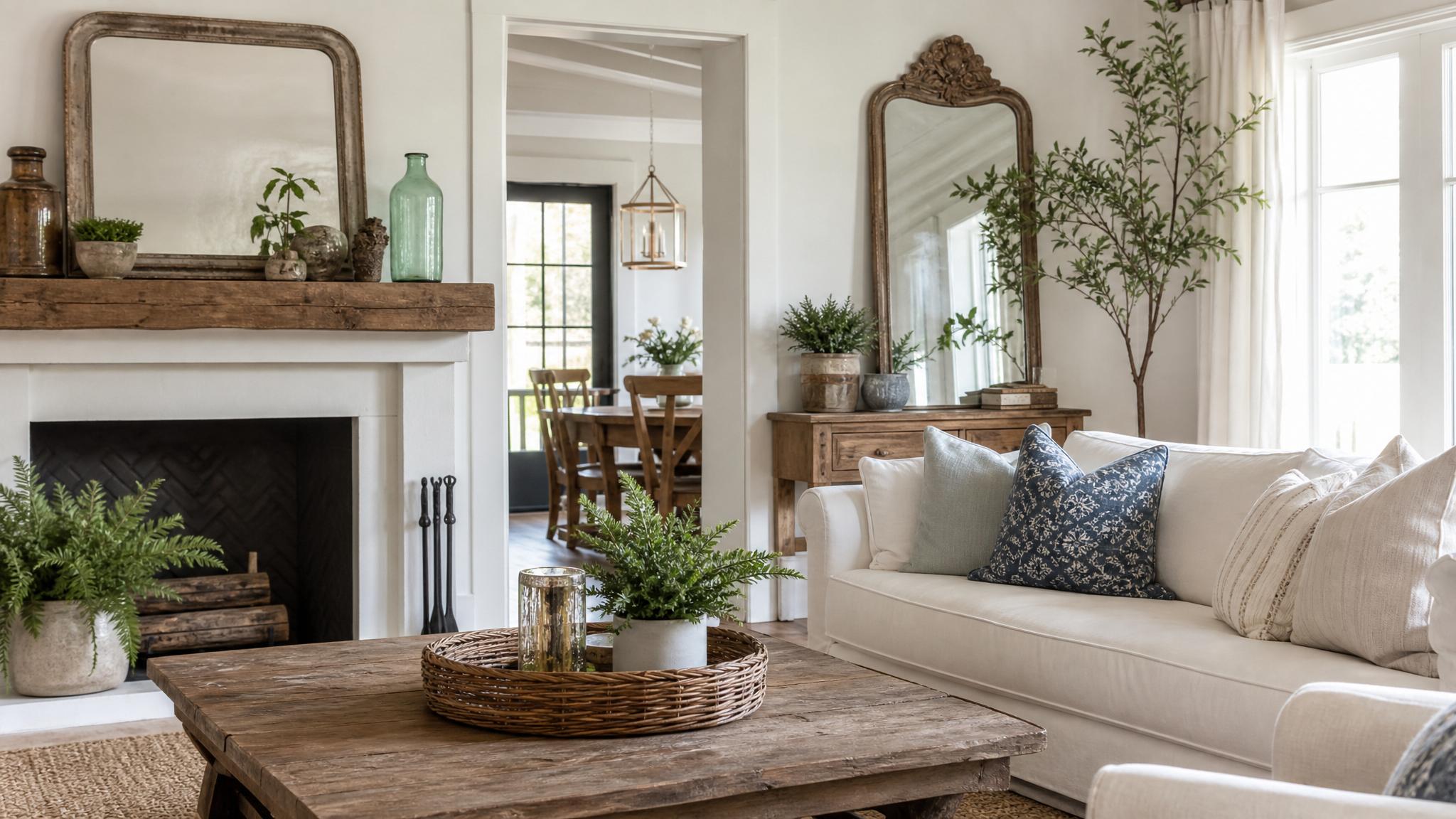 Accessories like vintage mirrors and greenery complementing a farmhouse-style living room.