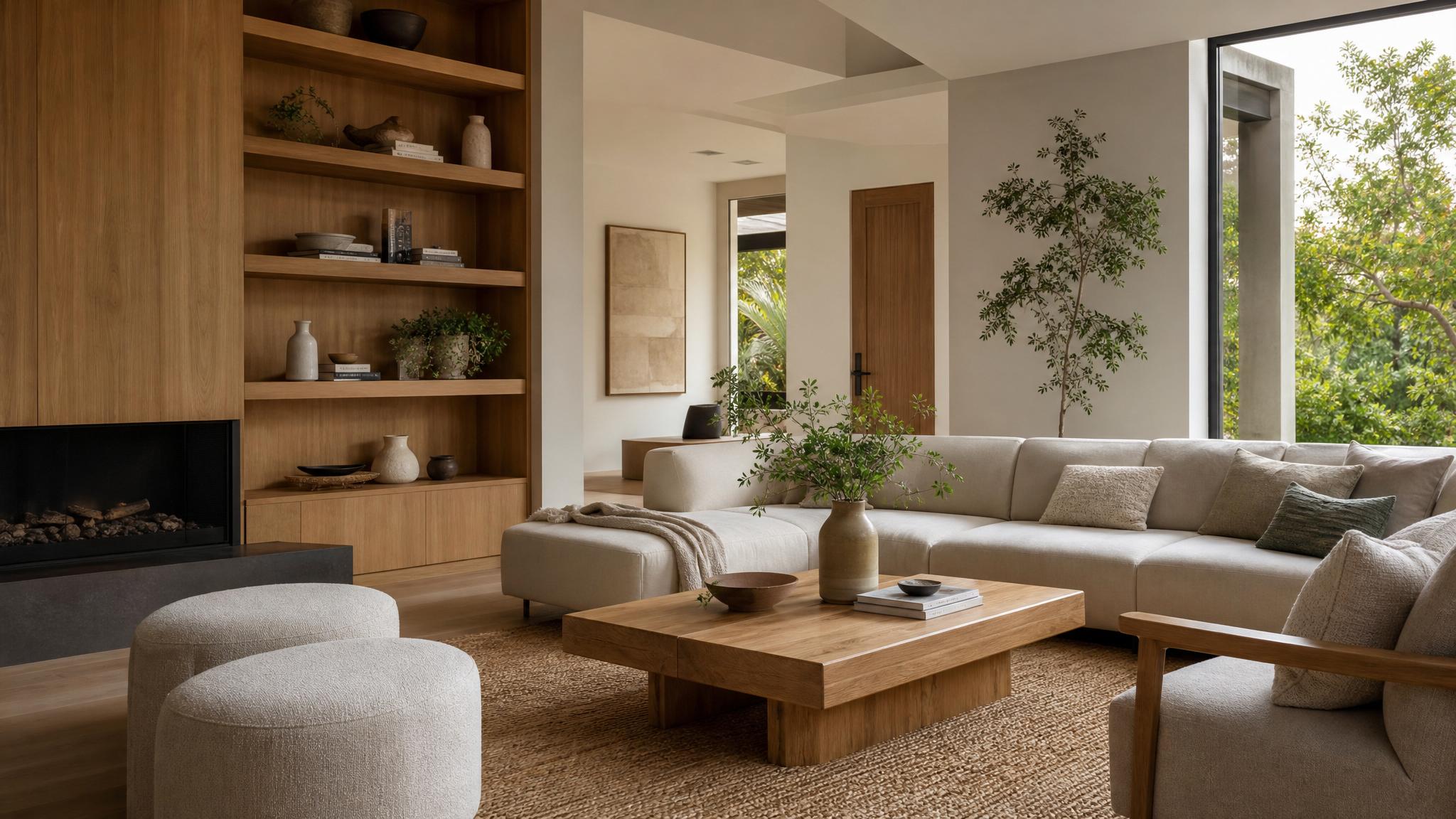 After: A beautifully designed living room in Japandi style, featuring natural materials and minimalist decor.
