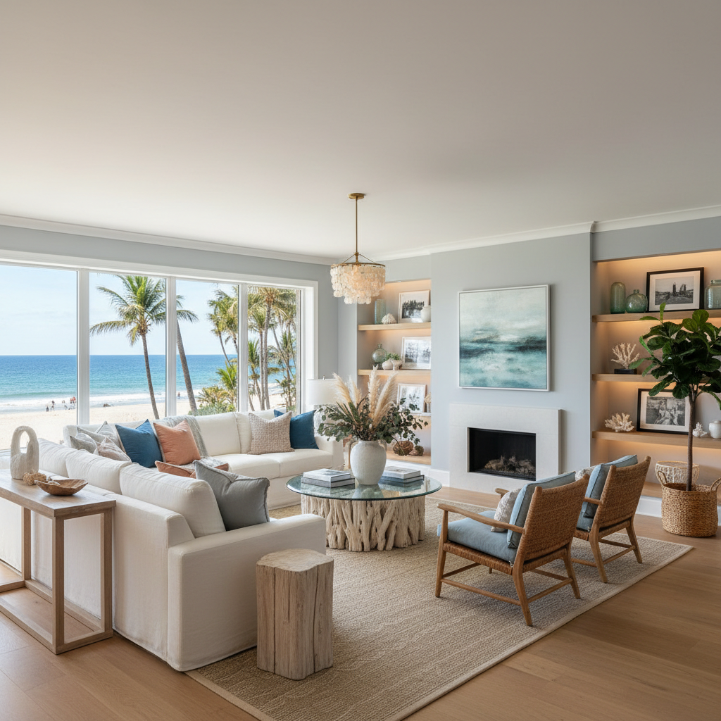 Image showcasing a coastal contemporary styled apartment living area
