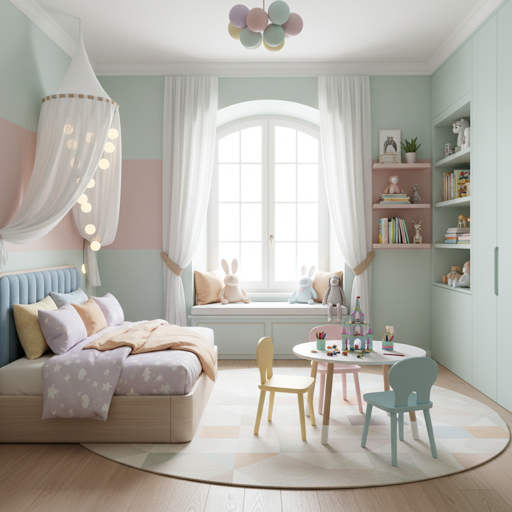 Bright Italian modern kids bedroom with pastel colors and playful decor.