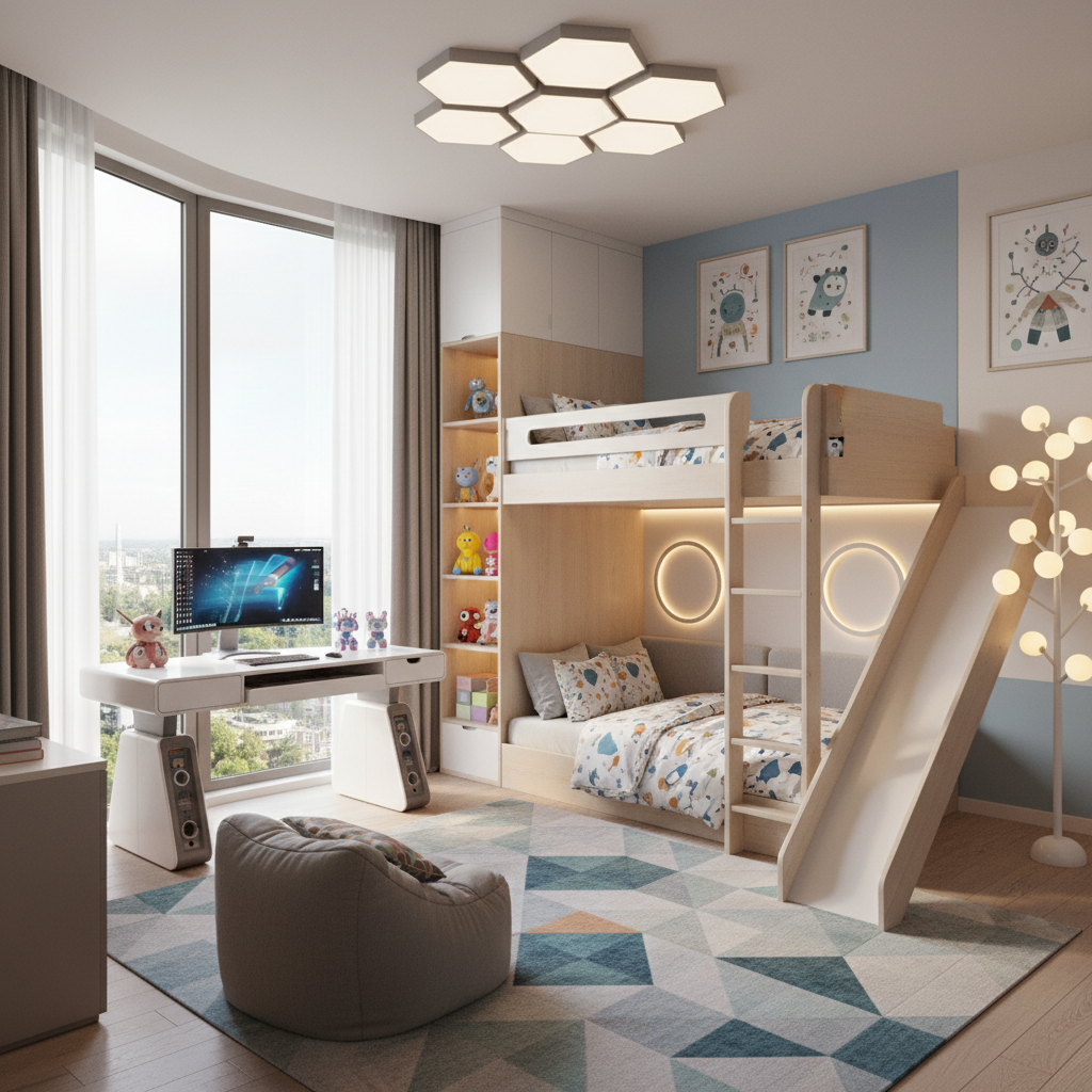 Visualization of a modern kids bedroom designed with AI.