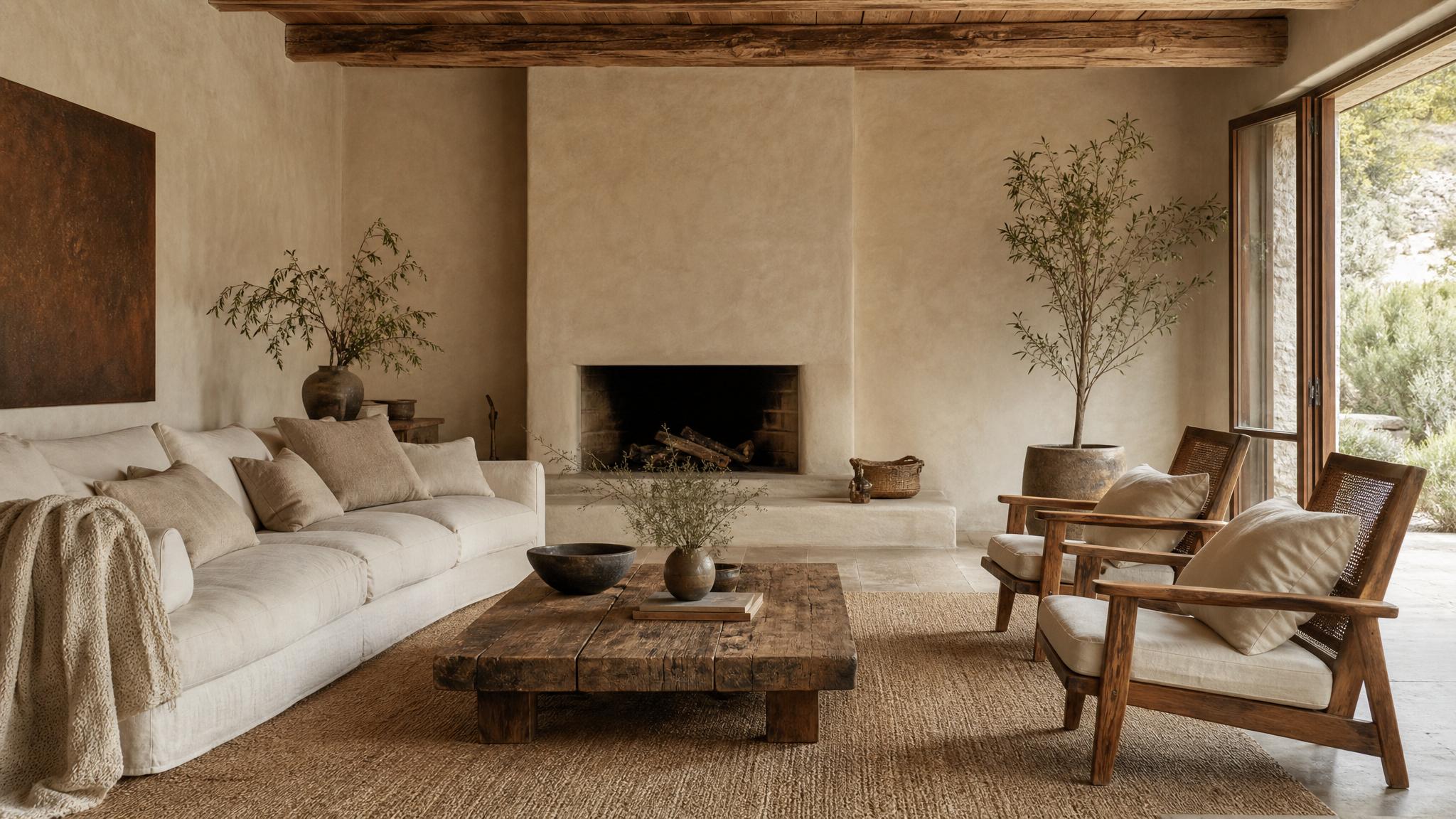Image of a cozy wabi-sabi living room featuring natural wood furniture and soft textiles.