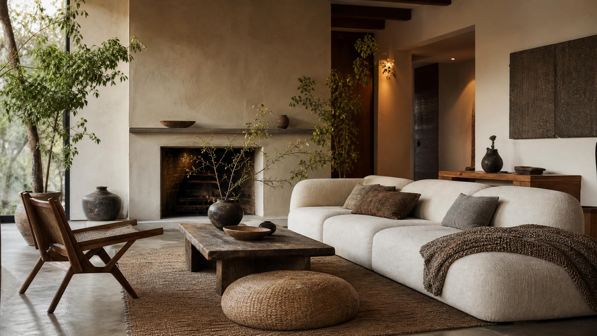 Image of an elegant wabi-sabi living room with earthy decor and soft lighting.