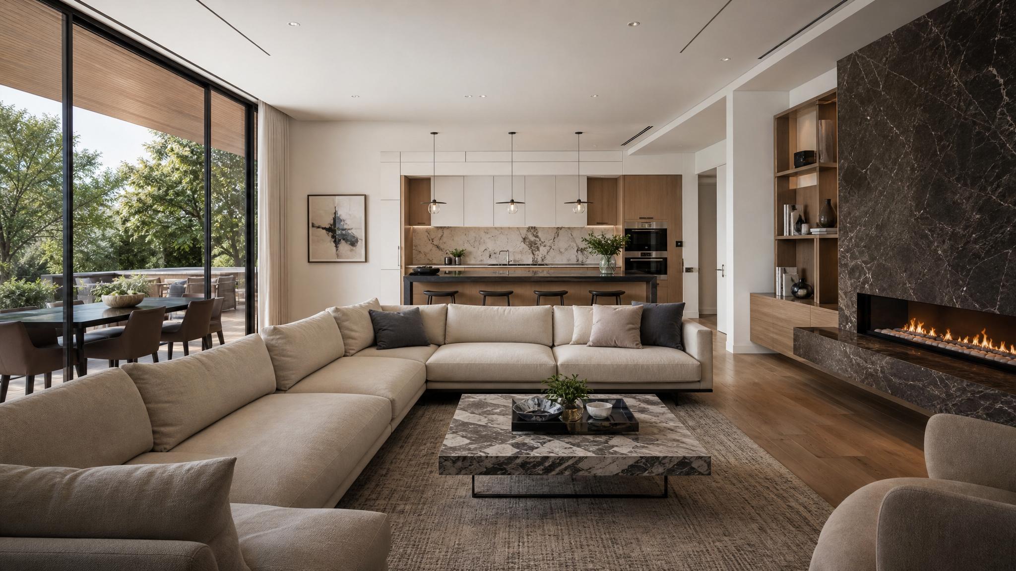 An example of a modern open-plan living room with Italian design elements.