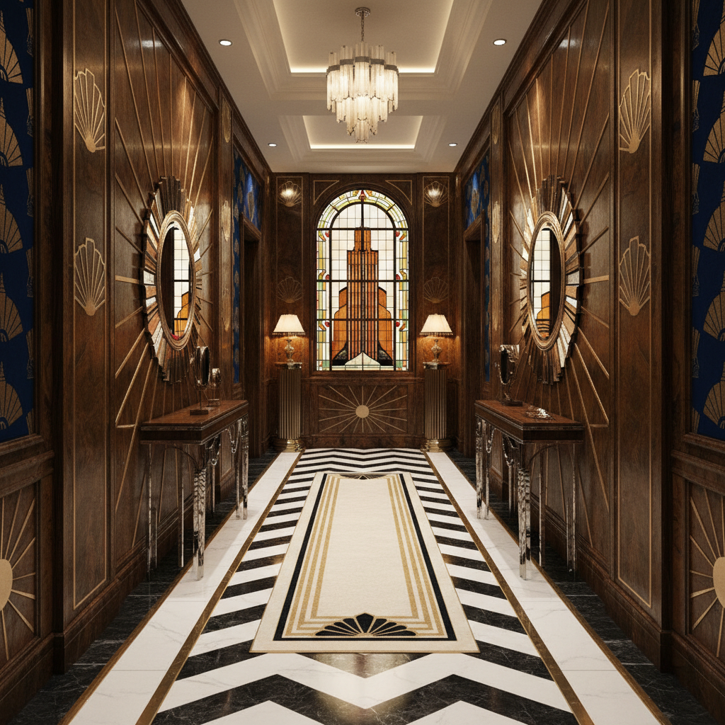 An elegant Art Deco hallway with rich colors and geometric patterns.