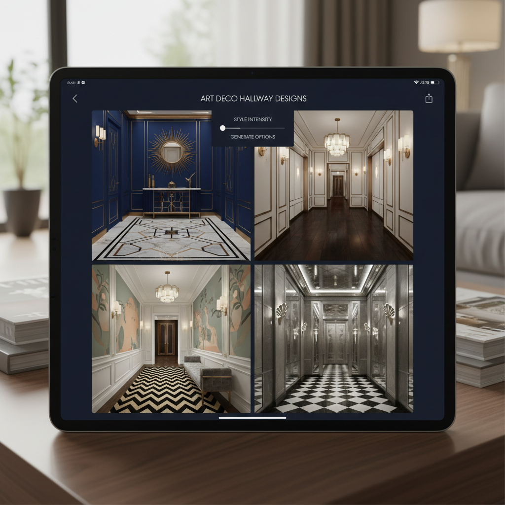 Screenshot of AI tool showcasing various Art Deco design options for a hallway.