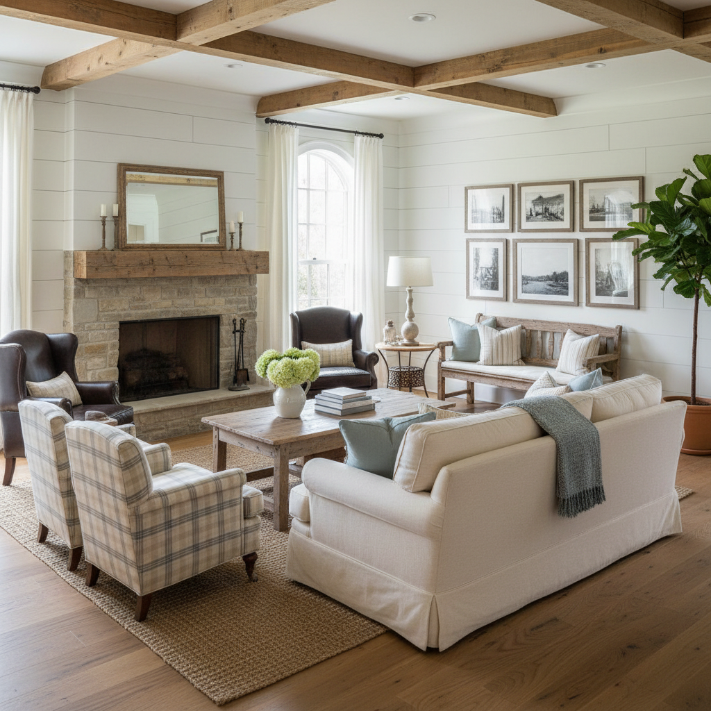 Image of furniture arrangements in a farmhouse living room.