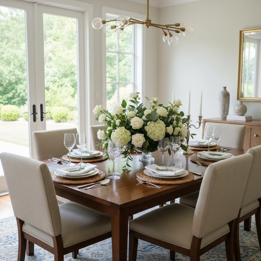 A dining room table set elegantly with flowers and tableware