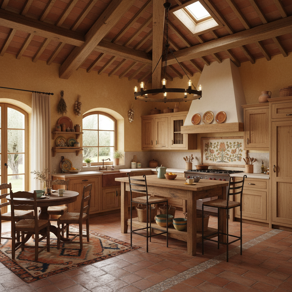 Image of a Mediterranean small kitchen with vaulted ceilings, warm tones, and rustic furniture.