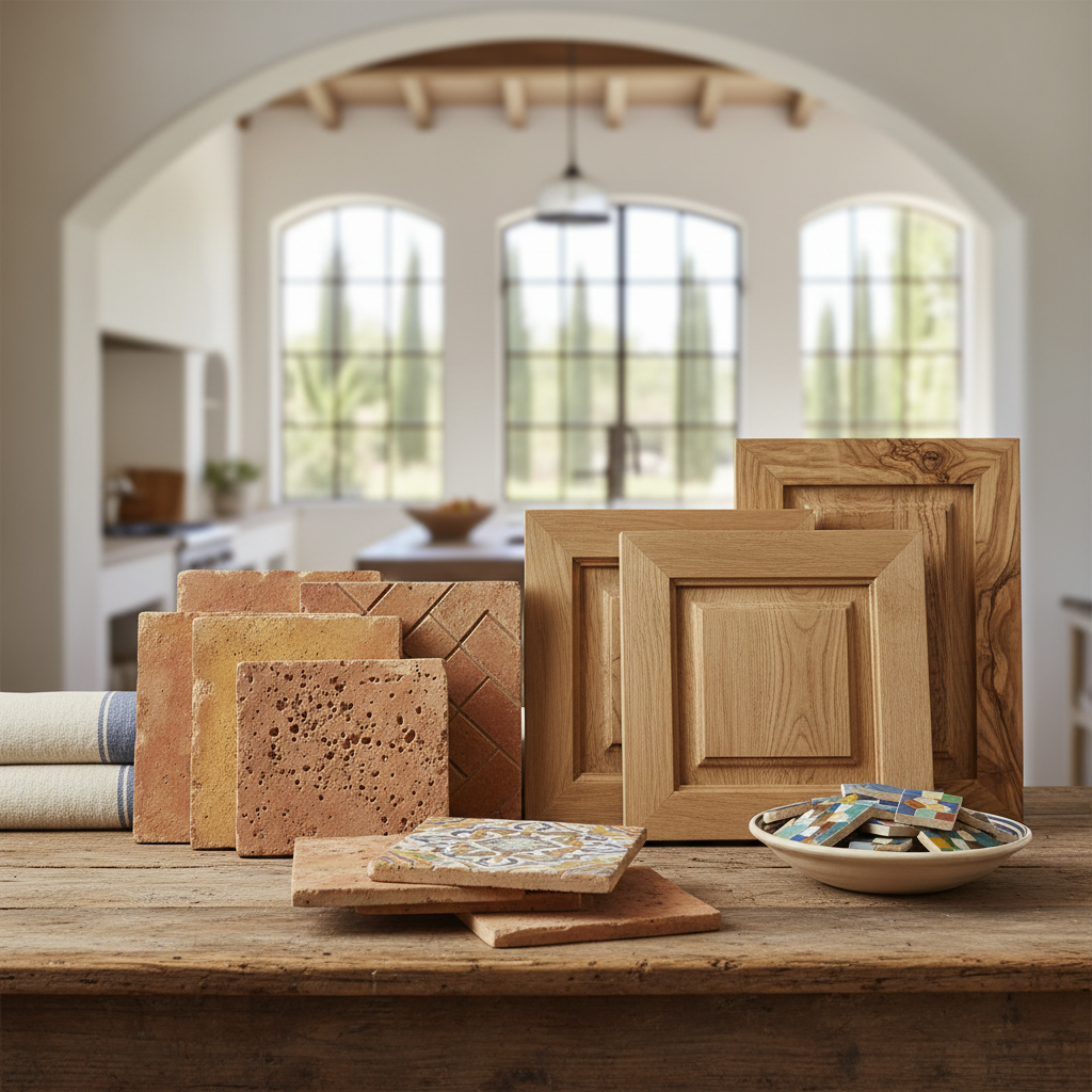 Image of Mediterranean kitchen materials including terracotta tiles and wooden cabinets.
