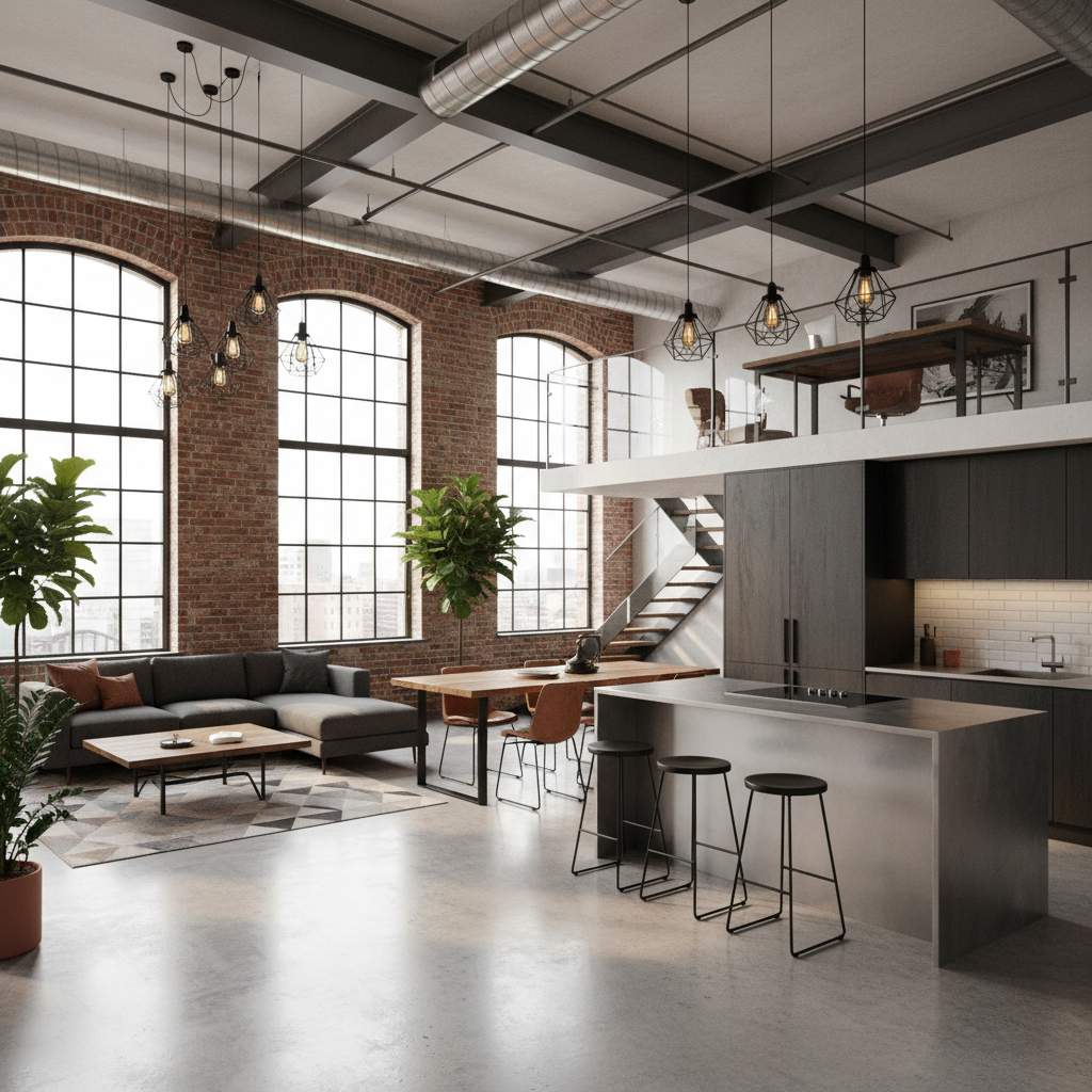 Contemporary loft design with open floor plan and industrial features