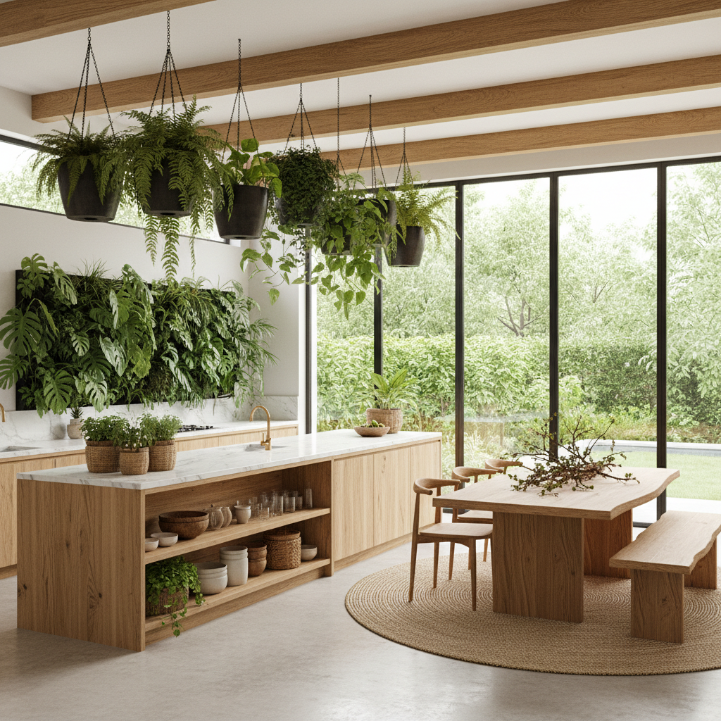 A bright, biophilic kitchen showcasing natural light, plants, and organic materials.