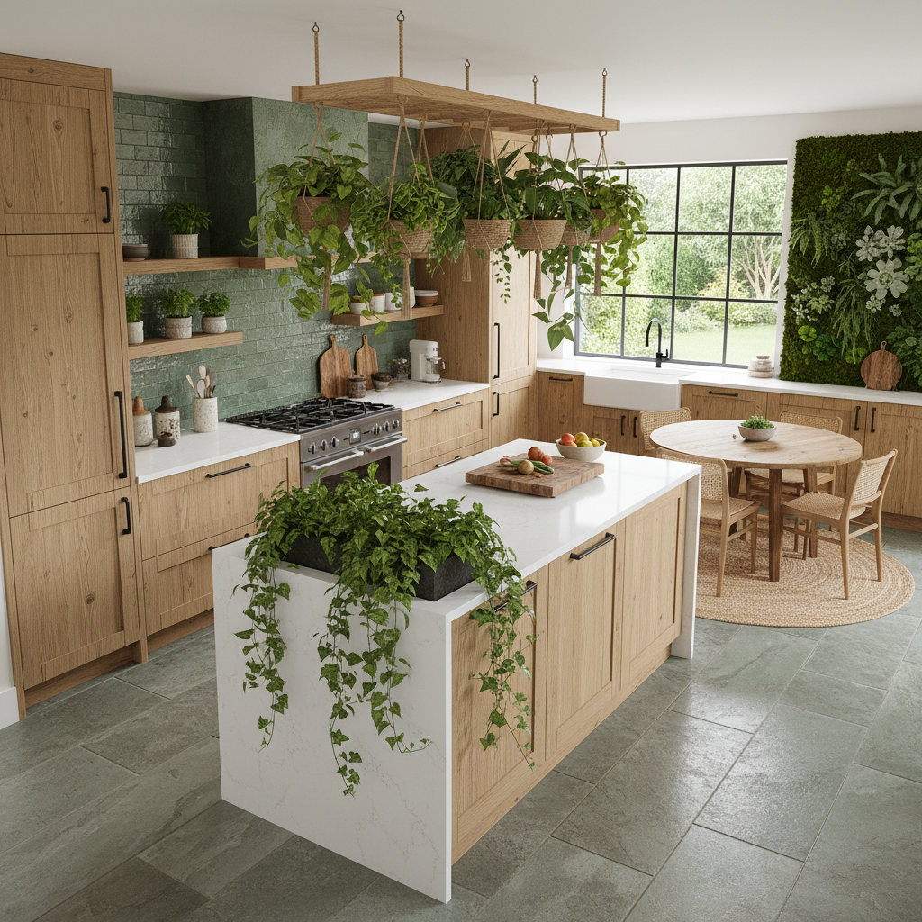 A detailed layout of a biophilic kitchen with plant integration and natural materials.