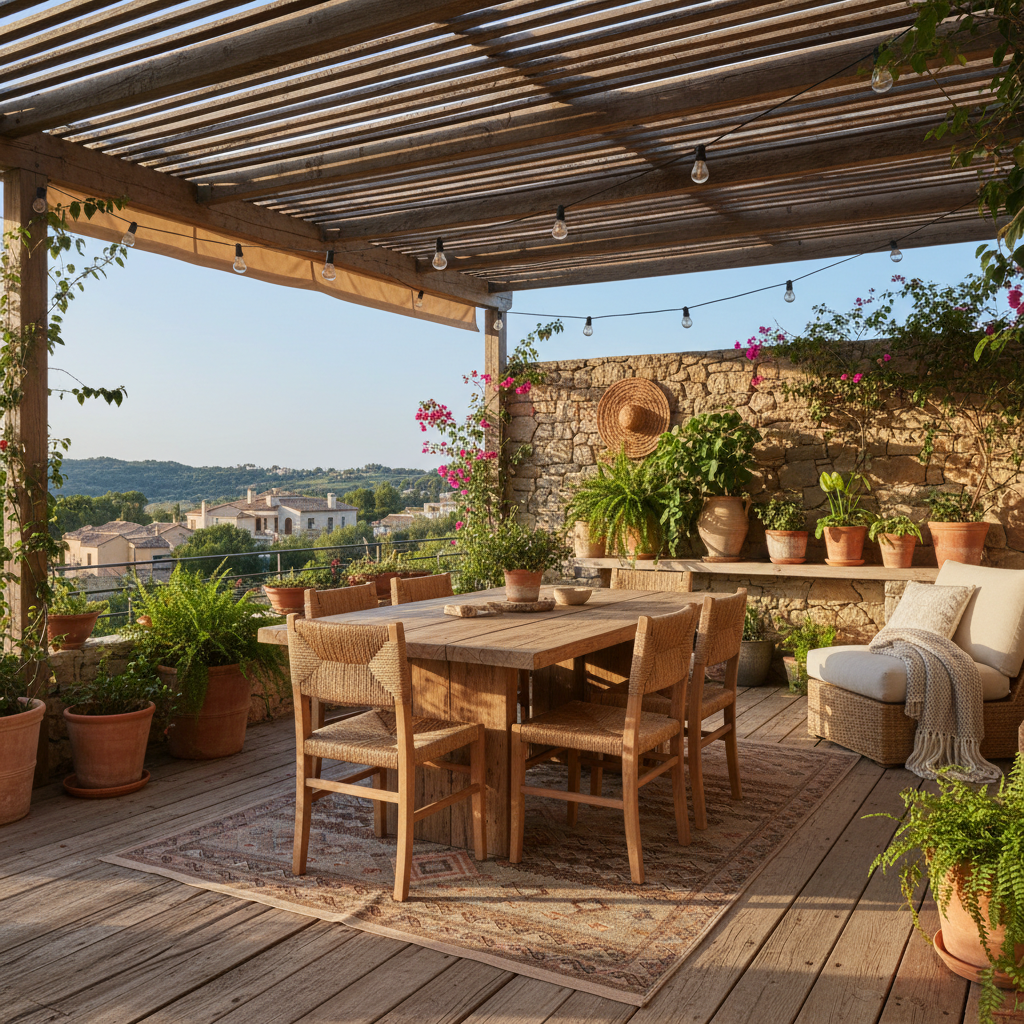 A rustic terrace featuring wooden furniture and lush greenery
