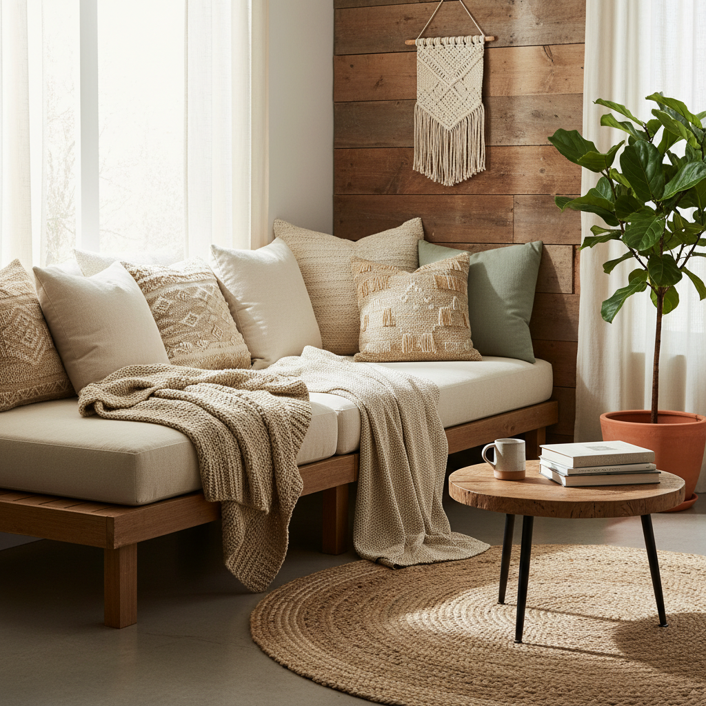 A cozy seating area with cushions and natural materials