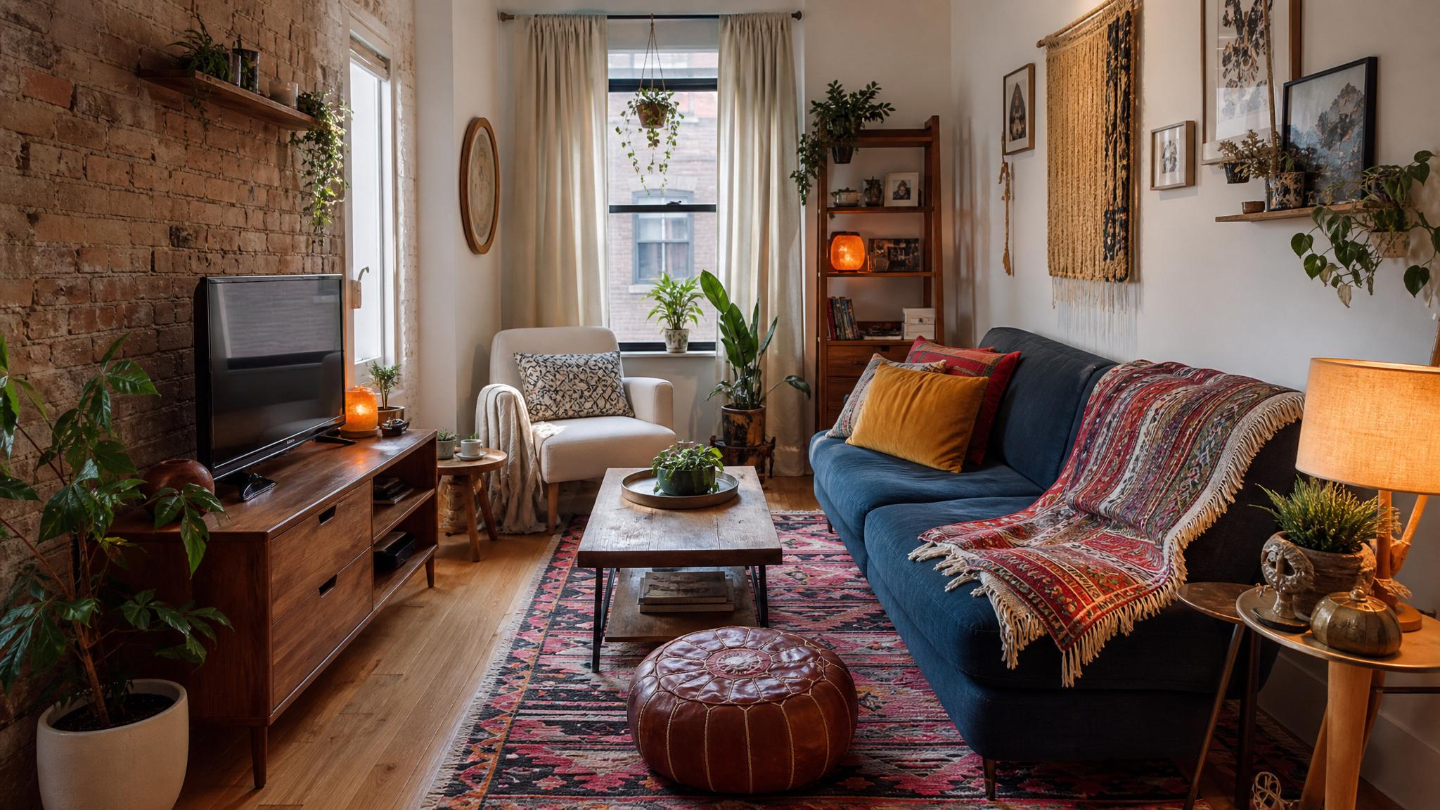A cozy bohemian small living room with colorful textiles and eclectic decor.