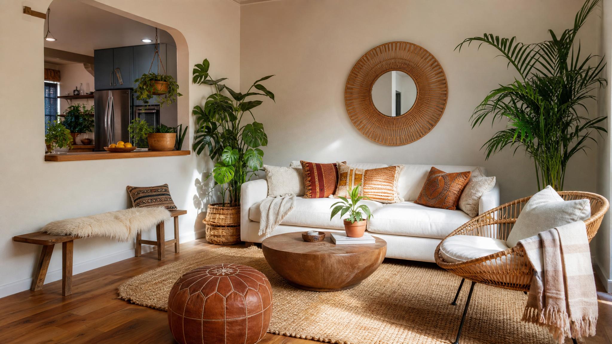 Stylish bohemian furniture arrangement in a small living area with plants.