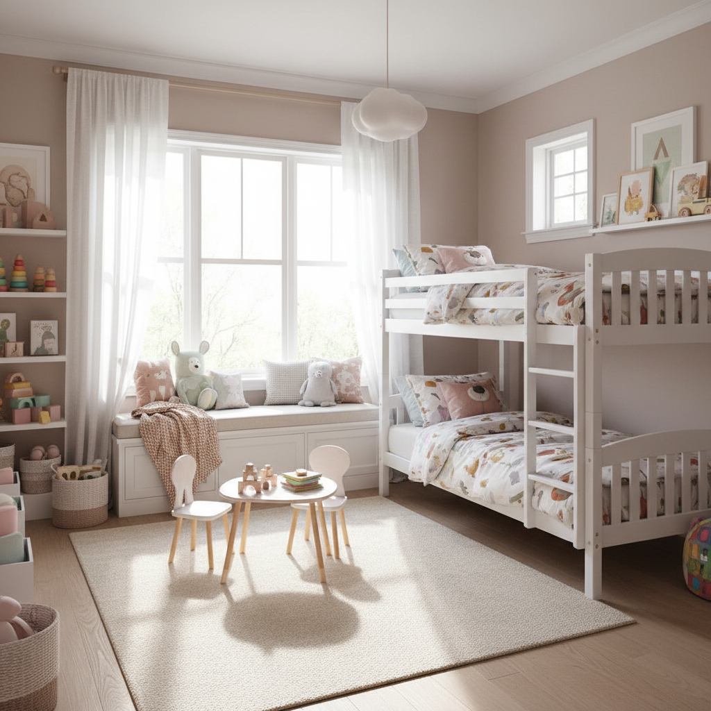Light-filled kids bedroom with soft tones