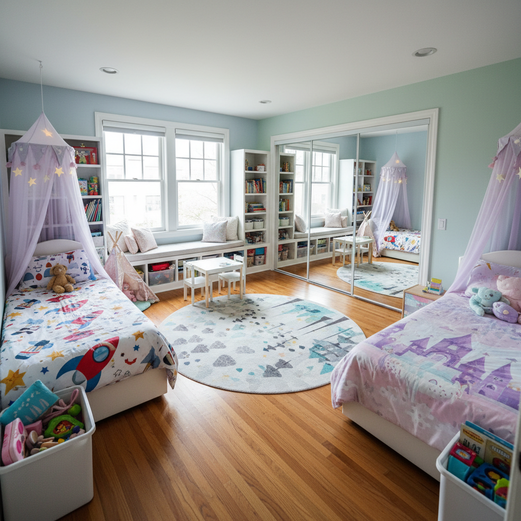 Children's bedroom photo from an angle showing size
