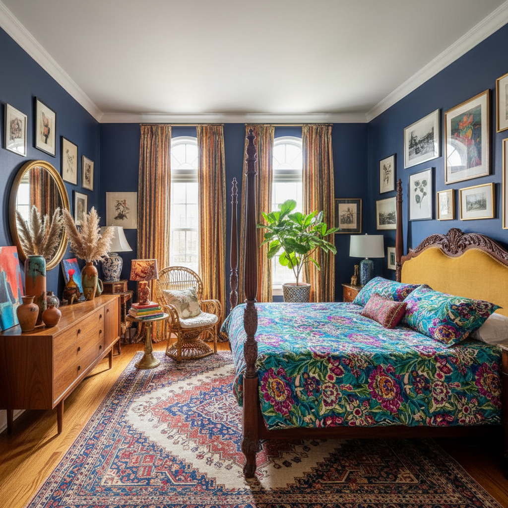 Eclectic master bedroom showcasing diverse furniture styles and vibrant colors.