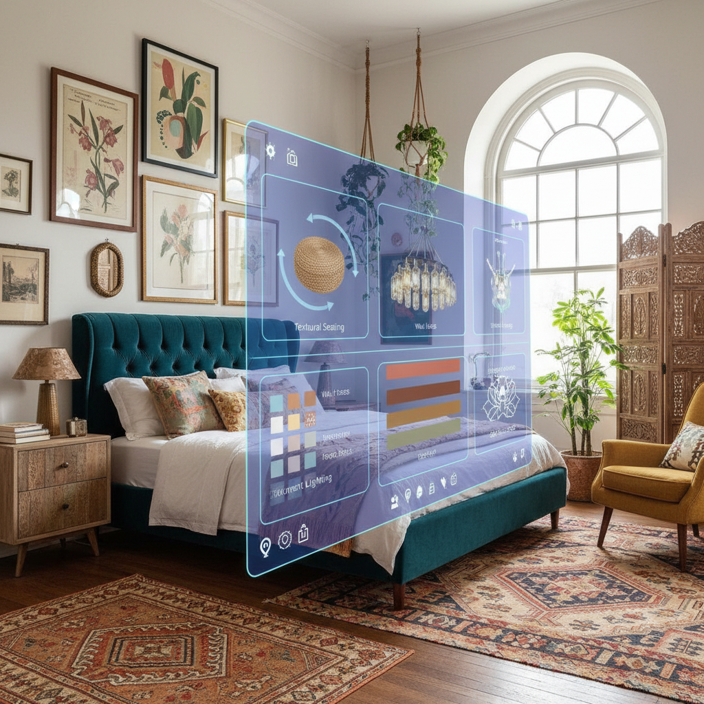 AI interface suggesting various design elements for an eclectic bedroom.