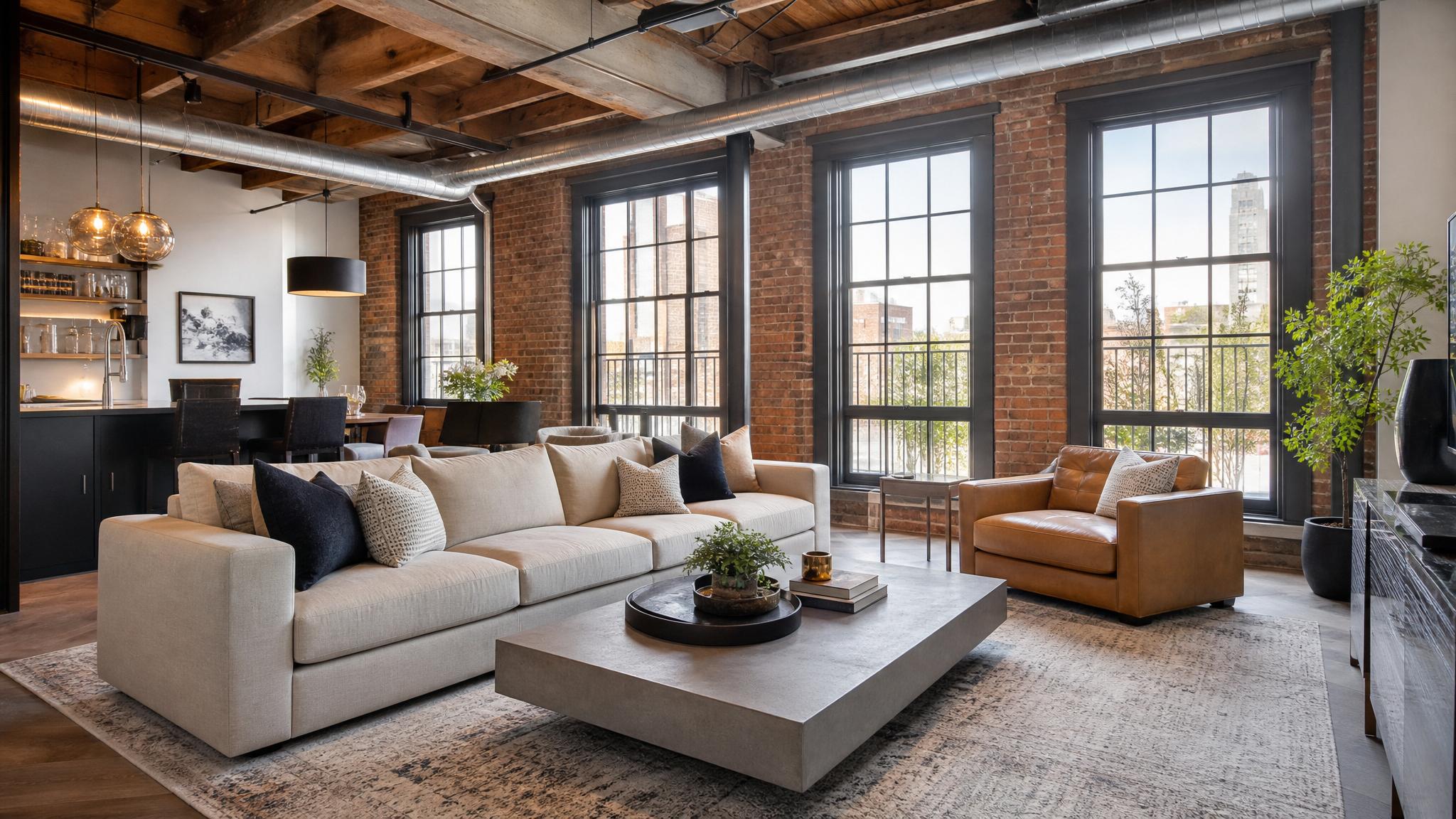 An urban loft living room with a mix of modern furniture and industrial elements.