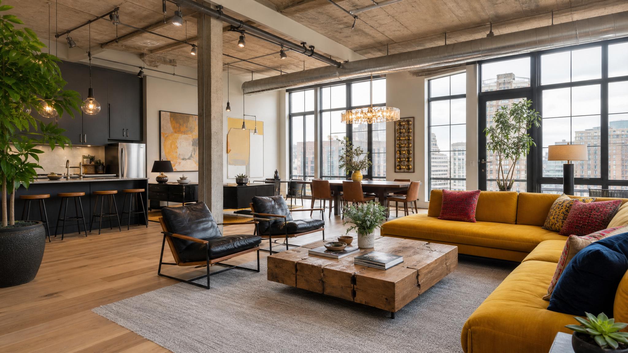 A stylish loft with a neutral color palette and pops of vibrant colors in decor.