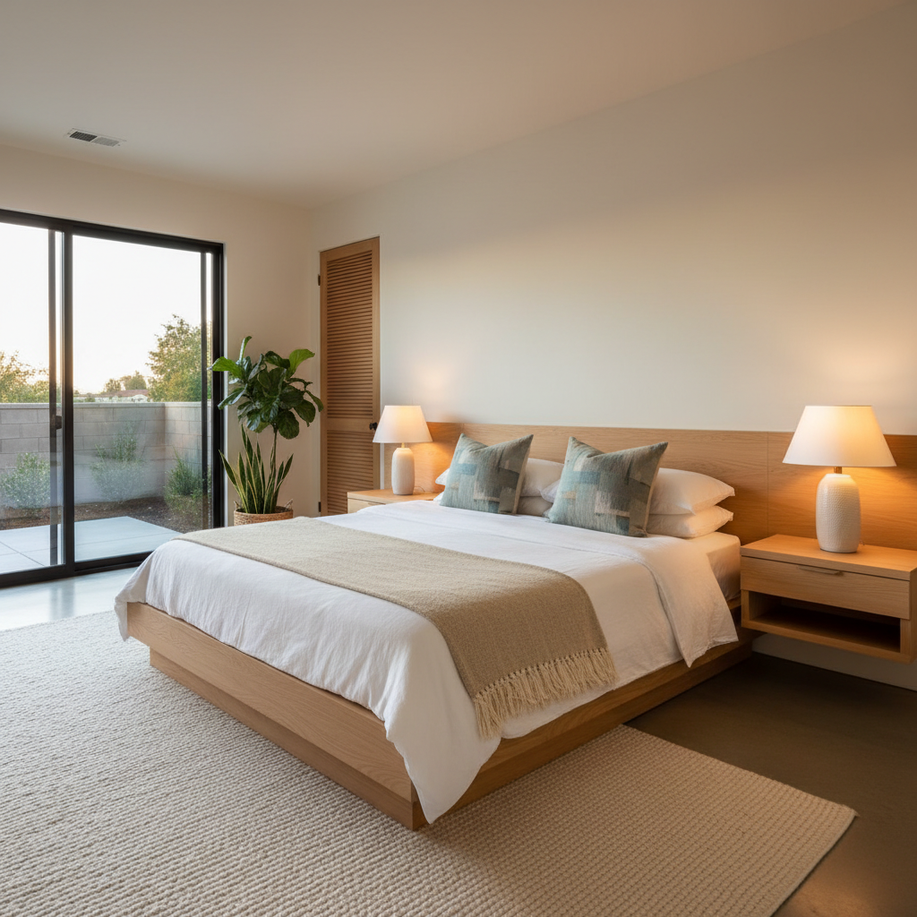 Image of a California modern guest bedroom design with clean lines and natural light.
