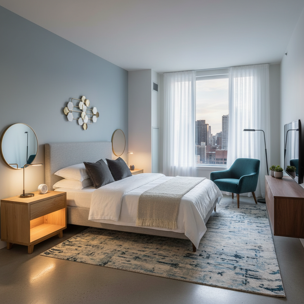 Image of AI-generated furniture arrangement for a modern guest bedroom.