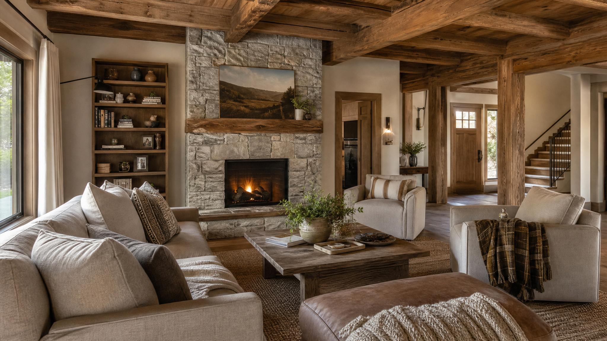 Rustic living room with wooden beams and cozy textiles