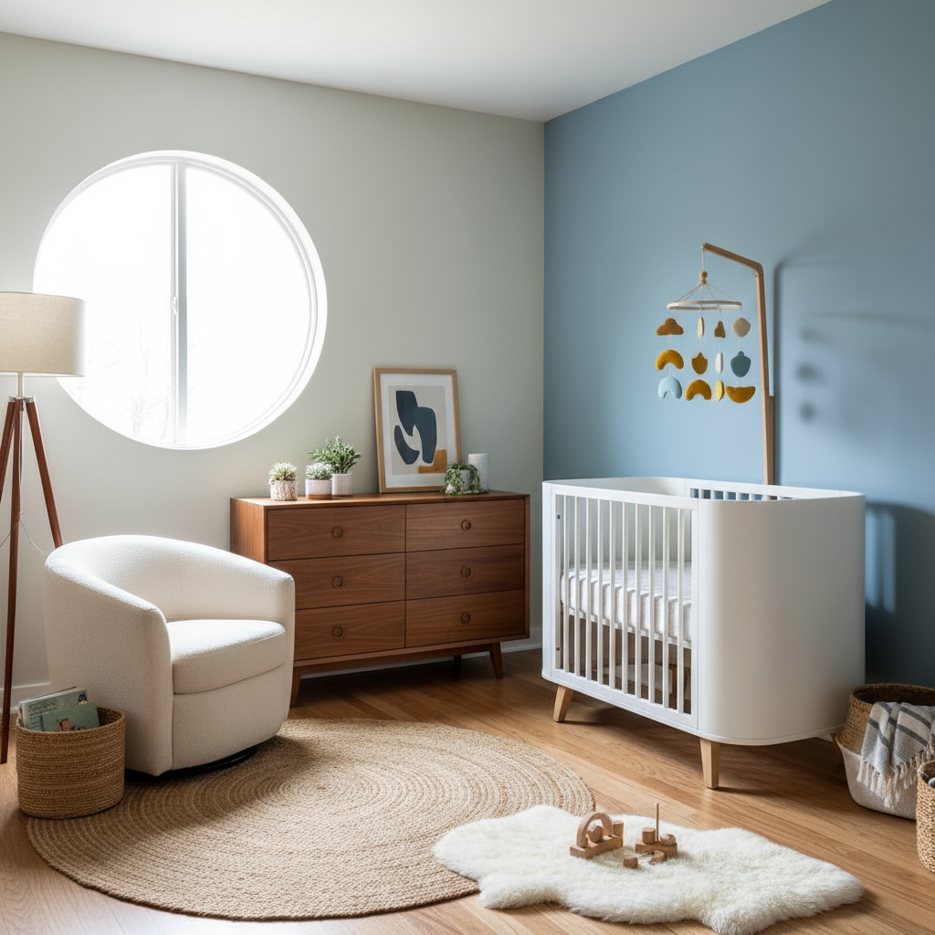 Image of a mid-century modern nursery with clean lines and organic shapes.