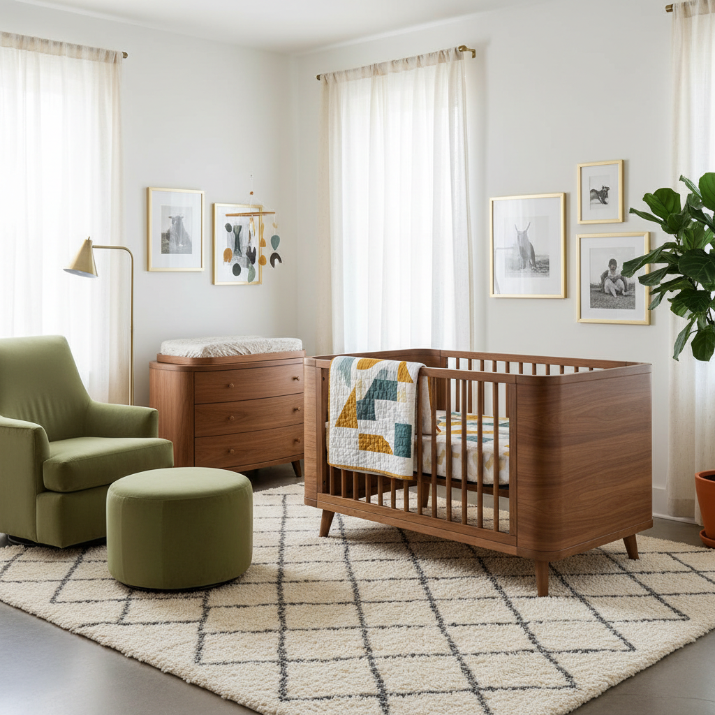 Image showcasing mid-century modern nursery furniture and textiles.