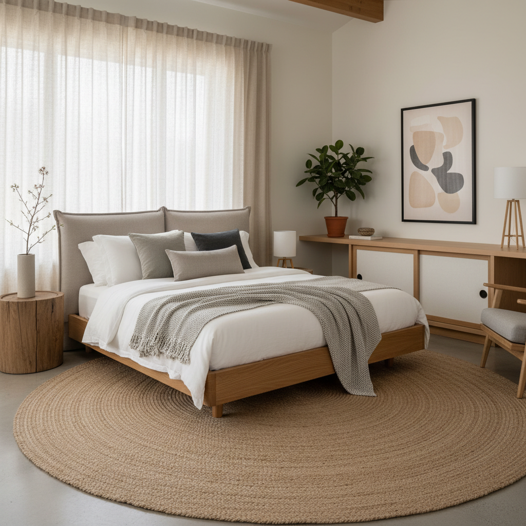 Beautiful Japandi master bedroom showcasing muted colors and natural elements.