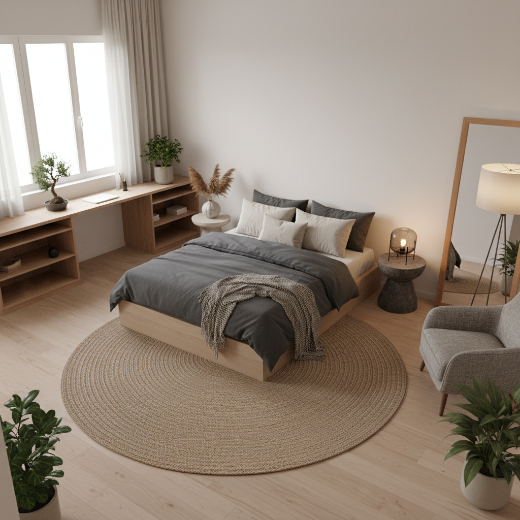 AI-generated Japandi bedroom layout showing furniture arrangement.