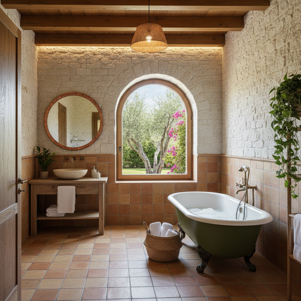 A serene Mediterranean-style bathroom with terracotta tiles and stone accents
