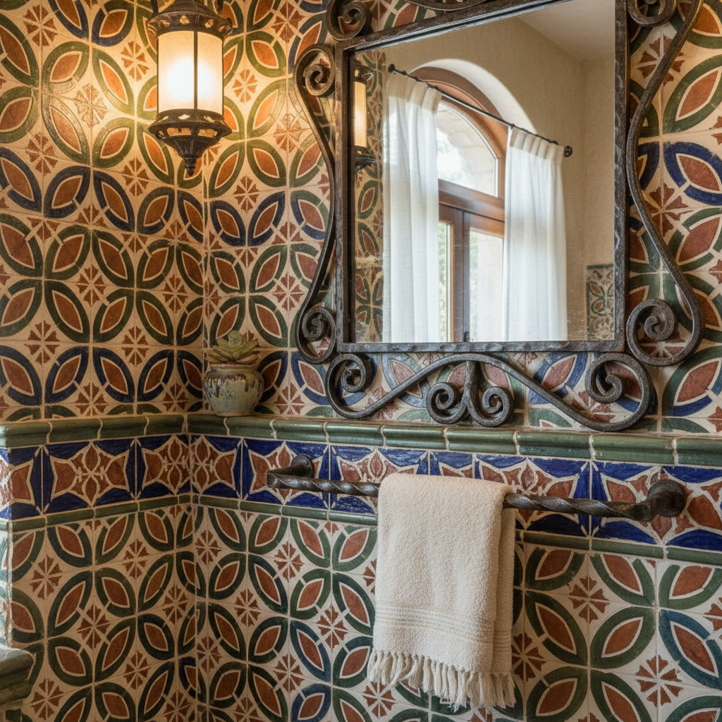 Close-up of decorative mosaic tiles and wrought iron fixtures in a Mediterranean bathroom