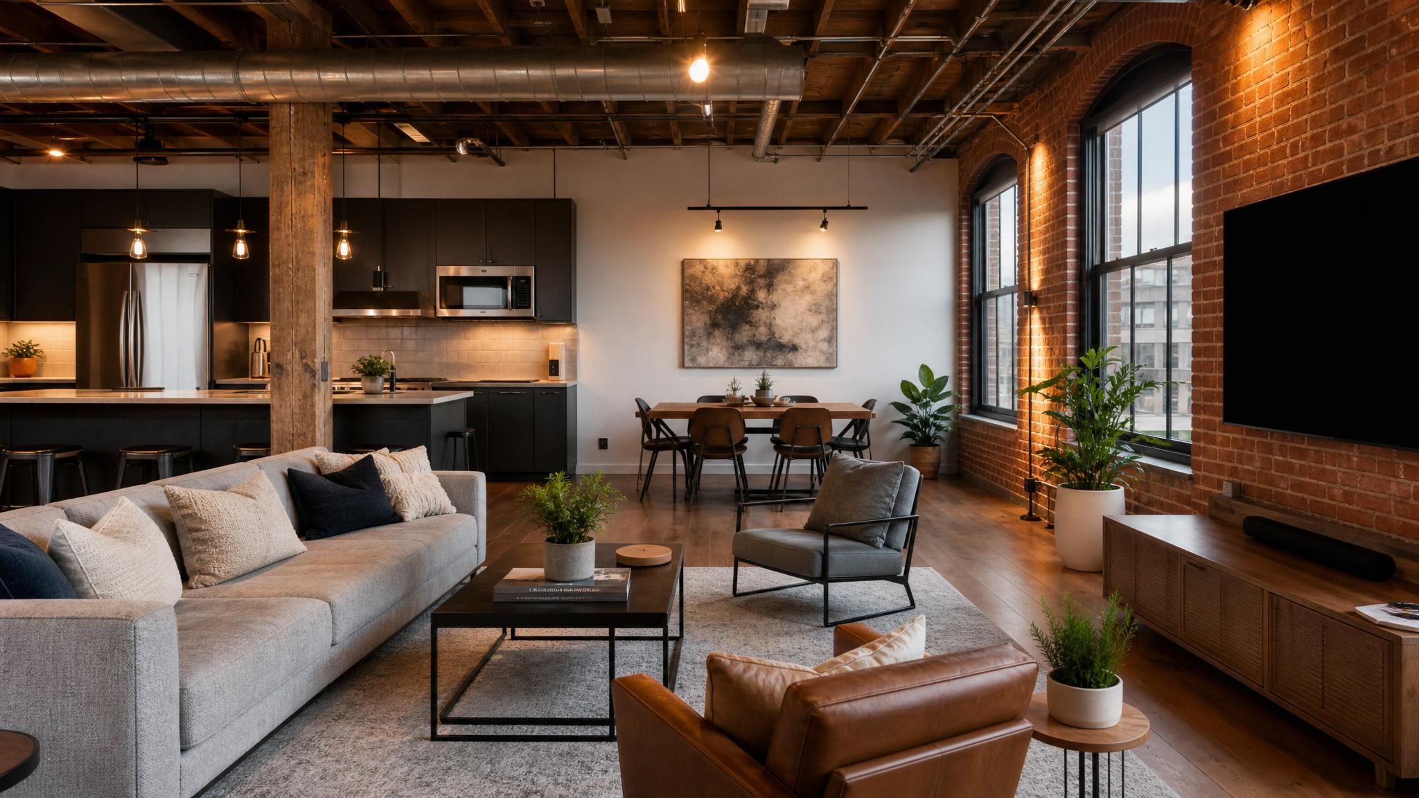 Stylish urban loft living room with open floor plan