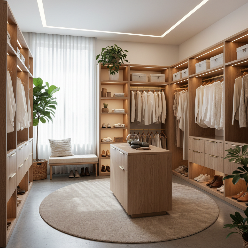A beautifully organized zen walk-in closet with natural wood, plants, and soft-toned decor.