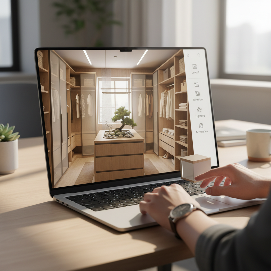 A serene zen walk-in closet design on a computer screen with a user interacting to customize the layout.