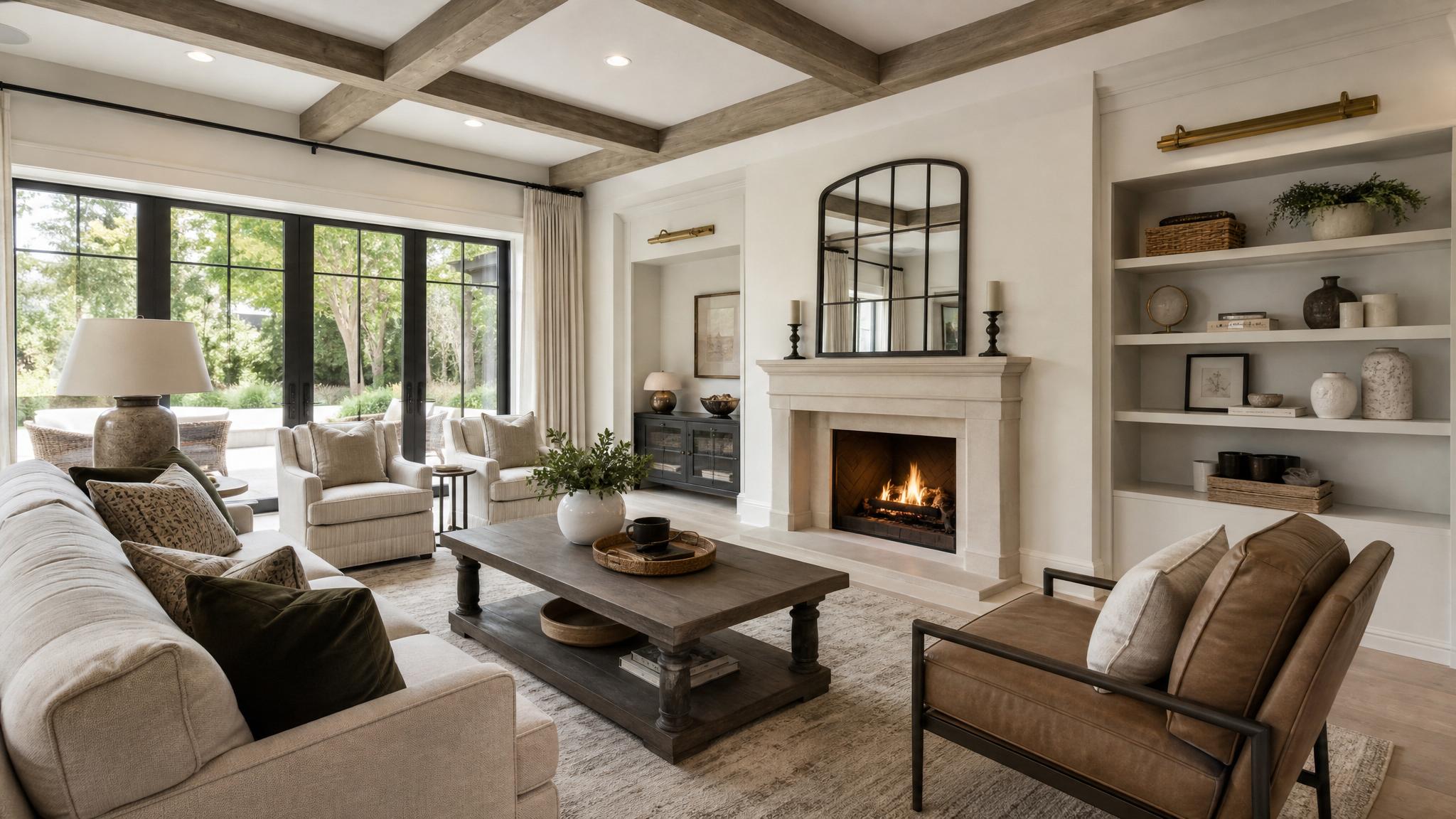 A beautifully staged living room in transitional style featuring neutral colors and a mix of modern and traditional furniture.