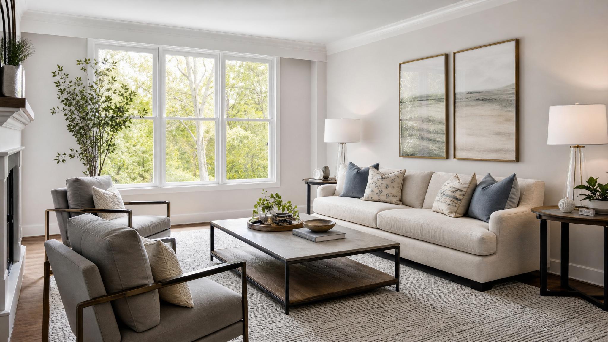 Selection of transitional style furniture including a neutral sofa and contemporary accent chairs.