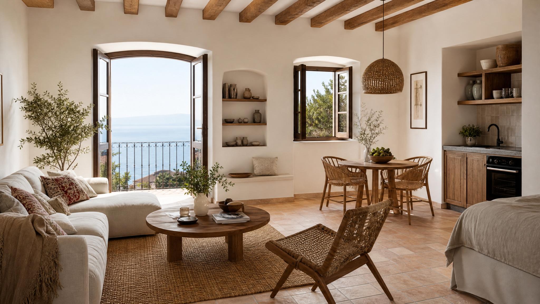 A beautifully decorated Mediterranean living room in a studio apartment featuring warm colors and natural light.