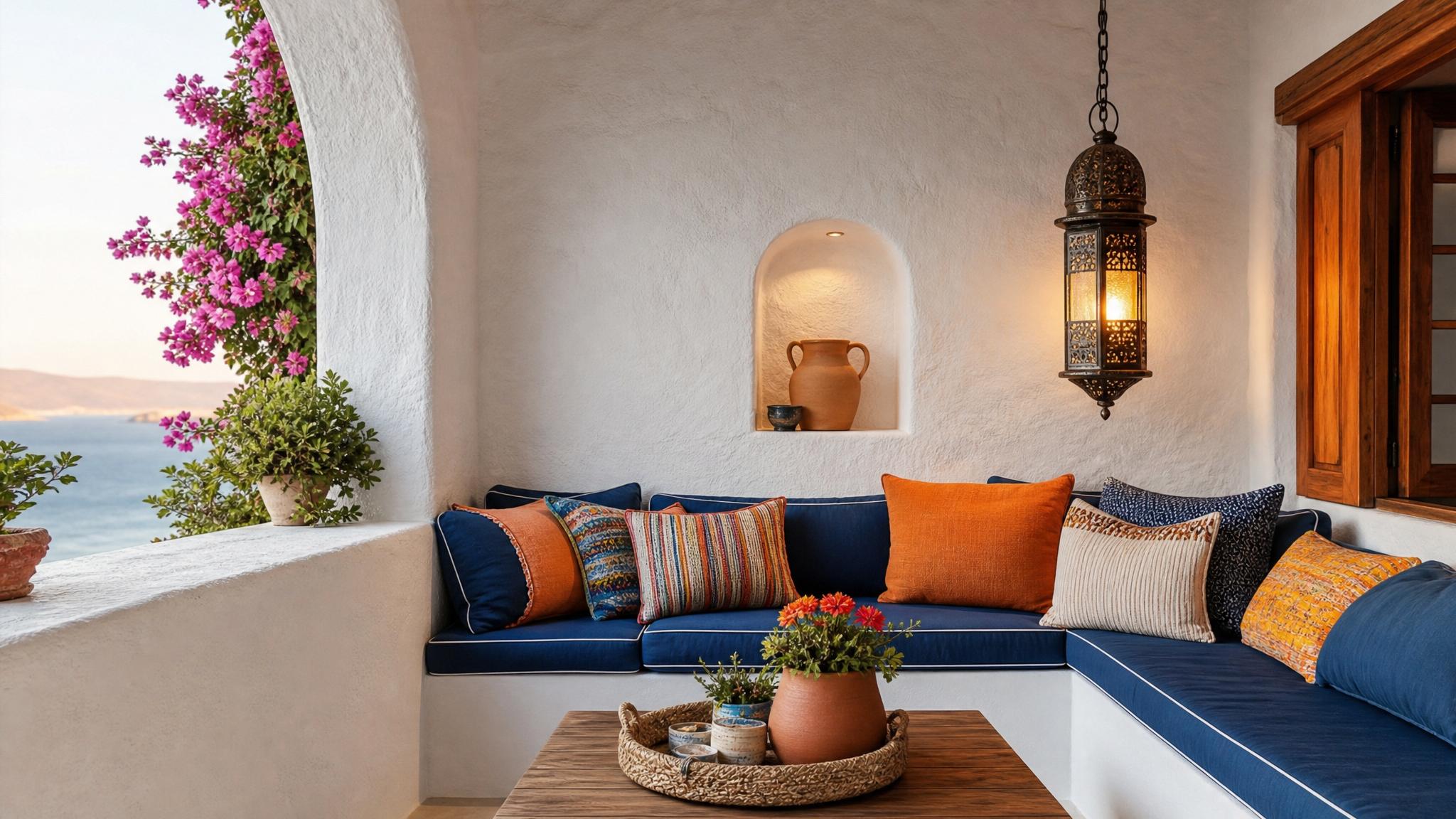 Example of a cozy nook showcasing Mediterranean style with bright colors and comfortable seating.